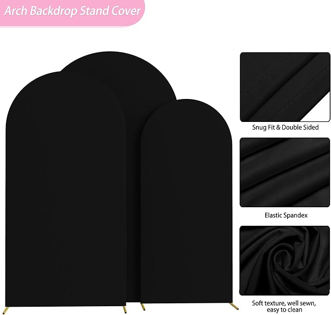 Wokceer Wedding Arch Cover (7.2FT, 6.6FT, 6FT) Set of 3 Spandex Fitted Wedding Arch Stand Covers Round Top Chiara Arch Backdrop Stands Cover for Birthday Party Wedding Ceremony Decor Black