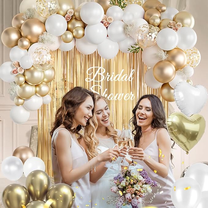 157Pcs White and Gold Balloon Garland Arch Kit with Fringe Curtain for Wedding Engagement Anniversary Birthday Graduation Bridal Baby Shower Party Decorations