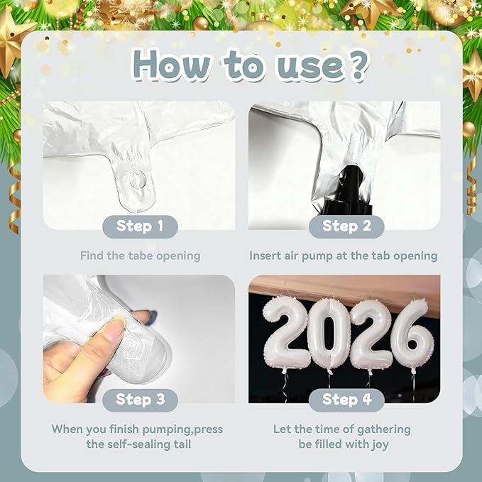 White 2026 Balloons, Jumbo 40 Inch Foil 2026 Number Balloons, Grad Balloons for Class of 2026 Graduation Party, White Matellic Foil New Year Birthday Home Office Party Supplies