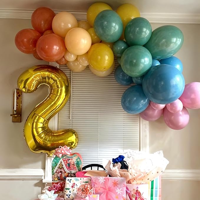 124PCS Rainbow Balloon Arch Kit, Assorted Colorful Balloon Garland with Dusty Slate Blue Retro Orange Balloons, Mustard Yellow Beige Balloons for Baby Shower Boho Groovy Birthday Party Decorations