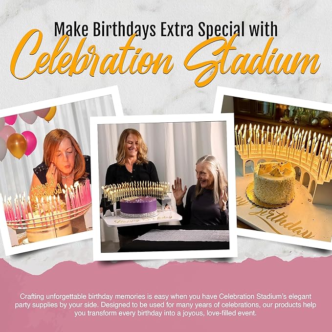 White Birthday Candle Holder, 100 Gold Candles and White & Gold Cake Tray Birthday Bundle Party Decorations - Great for Milestone Birthdays, Restaurant and Home Celebration Events