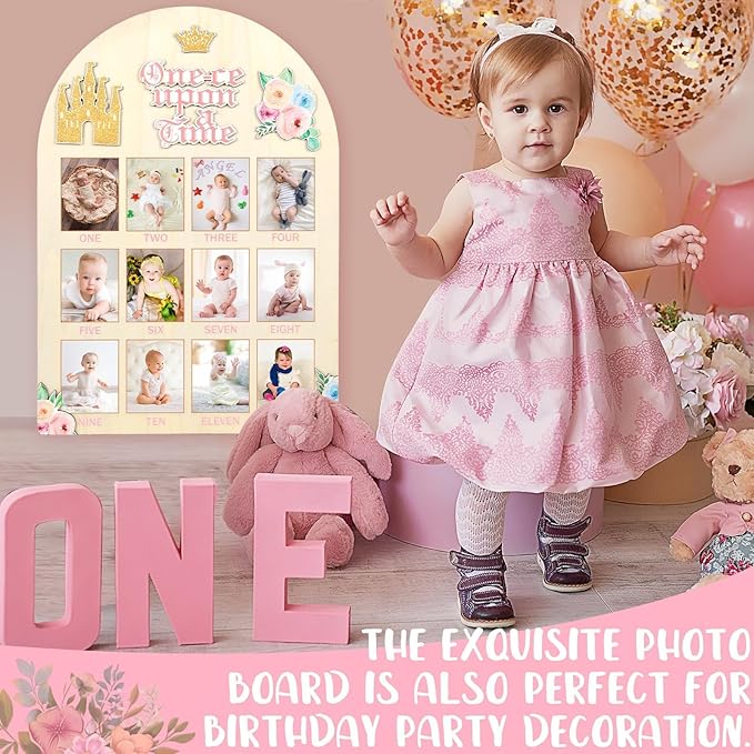 Princess First Year Photo Board Crown Castle 1st Birthday Party Decoration Wooden Board 12 Monthly Milestone Picture Frame One Year Old Wood Sign 1st Birthday Photo Banner for Baby Girl Keepsake Gift