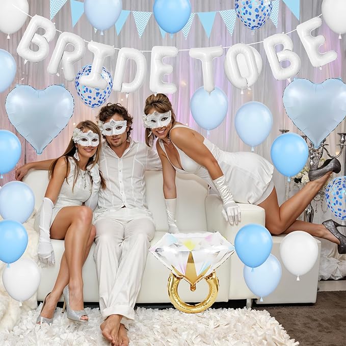 Blue White Bachelorette Party Decorations, White Bride To Be Bridal Shower Balloons Decorations, Blue Confetti Balloons with Diamond Ring Baby Blue Heart Balloons for Bachelorette Engagement Wedding