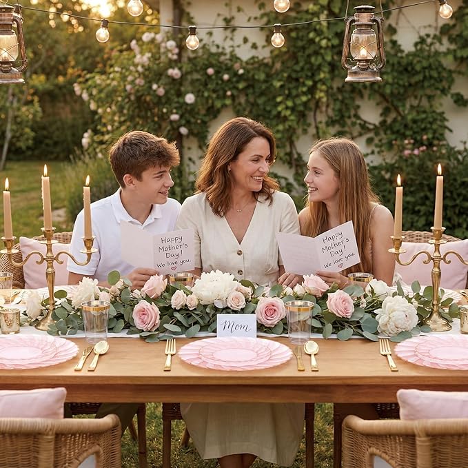 YOUBET 125Pieces Clear Pink Plastic Plates with Gold Rim - Gold Plastic Silverware Include 25 Dinner Plates 25 Dessert Plates 75 Golden Silverwares for Wedding Birthday & Parties Valentines Day