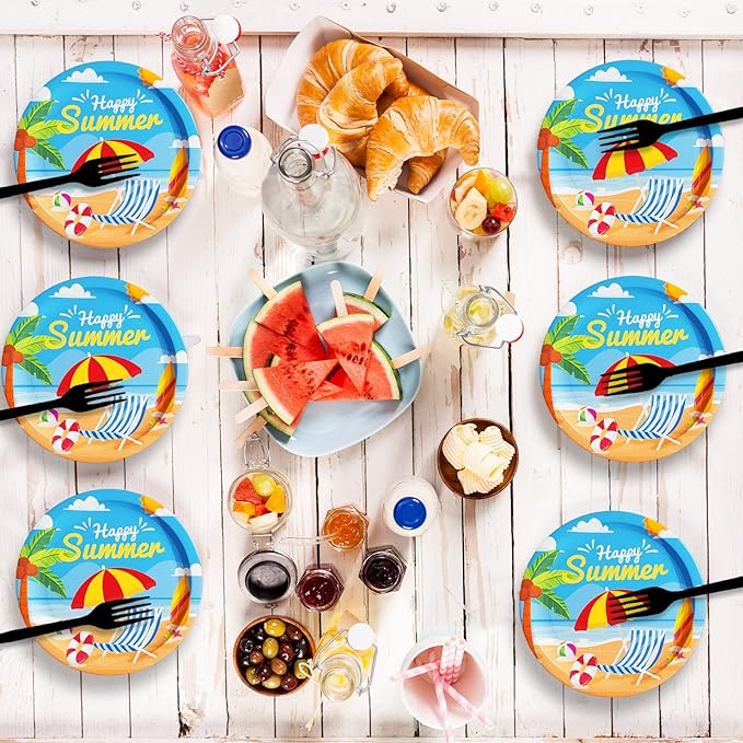 Wiooffen 48 Pcs Summer Beach Party Plates 7inch Birthday Party Disposable Paper Dessert Plate Supplies Decorations Beach Theme Plates Tableware for Birthday Baby Shower
