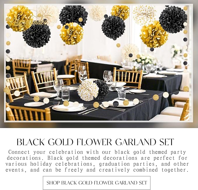 NICROLANDEE Black Gold Party Decorations, 15 PCS Tissue Paper Pom Poms Kit for 2026 New Year Party, Wedding, Birthday, Engagement, Graduation Party Decor, Paper Garland Flower Ball Ceiling Wall Decor