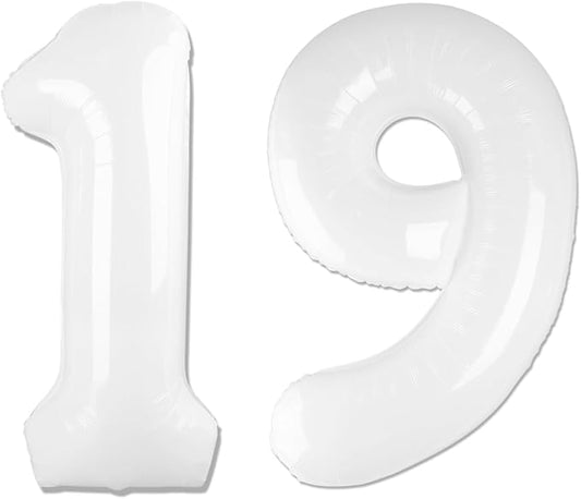White Number 19 Balloon 40 inch, 19 Number Balloons, 19th White Birthday Decorations for Girls Boys 19 Year Old Party Supplies