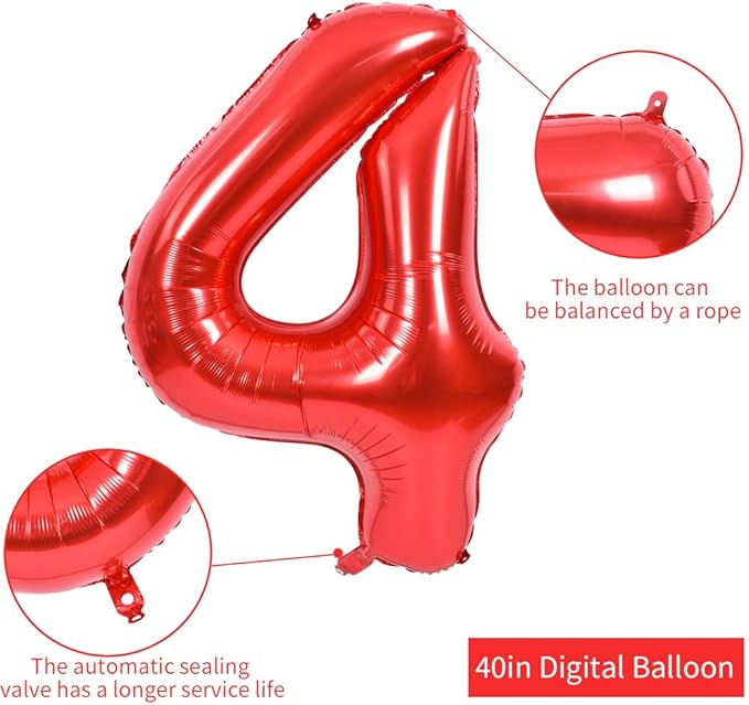 TONIFUL 40 Inch Red Large Numbers Balloons 0-9, Number 4 Digital 4 HeliumFoil Mylar Big Number Balloons for 2026 New Year Eve Graduation Valentine's Day Birthday Party Anniversary Party Decoration