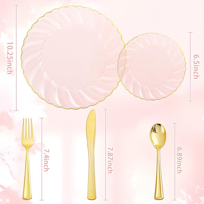 YOUBET 125Pieces Clear Pink Plastic Plates with Gold Rim - Gold Plastic Silverware Include 25 Dinner Plates 25 Dessert Plates 75 Golden Silverwares for Wedding Birthday & Parties Valentines Day