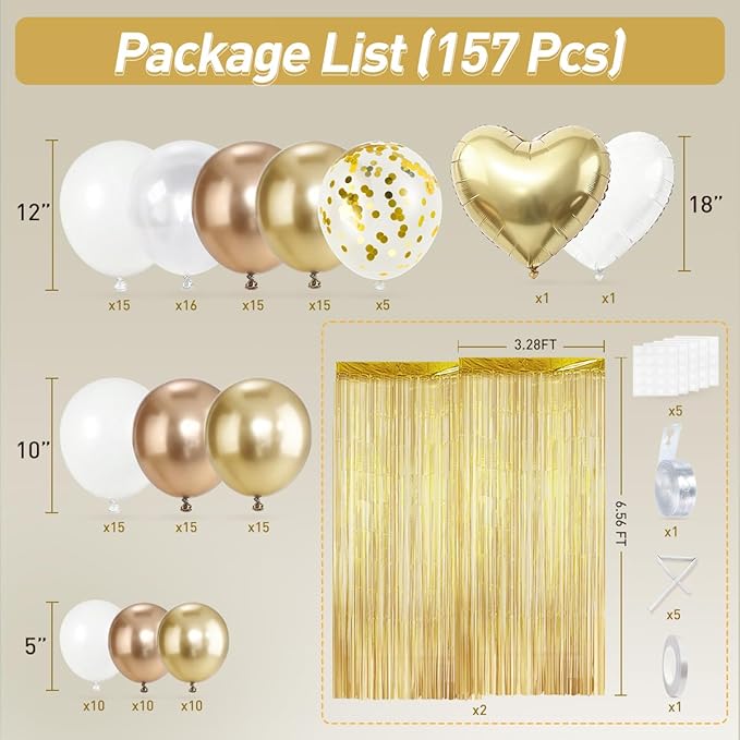 157Pcs White and Gold Balloon Garland Arch Kit with Fringe Curtain for Wedding Engagement Anniversary Birthday Graduation Bridal Baby Shower Party Decorations