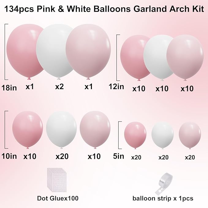 YMSZ Pink and White Balloons Arch Kit, 134pcs Light Pink and White Balloons for Wedding, Bridal Shower, Baby Shower, Birthday, Valentines Party Decorations