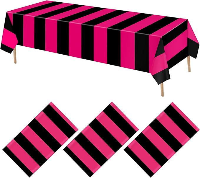 VitalCozy 3 Pcs Disposable Plastic Tablecloth Plastic Table Runner Rectangle Table Covers for Graduation Wedding Birthday Party Decorations 51" x 108" (Hot Pink,Black Stripes)