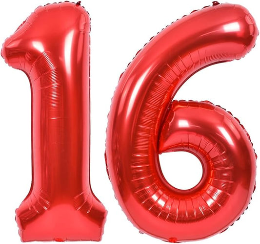 TONIFUL 40 Inch Red Large Numbers Balloons Number 16 Digital 16 HeliumFoil Mylar Big Number Balloons for 2026 Graduation New Year Eve Valentine's Day Birthday Party Anniversary Party Decoration