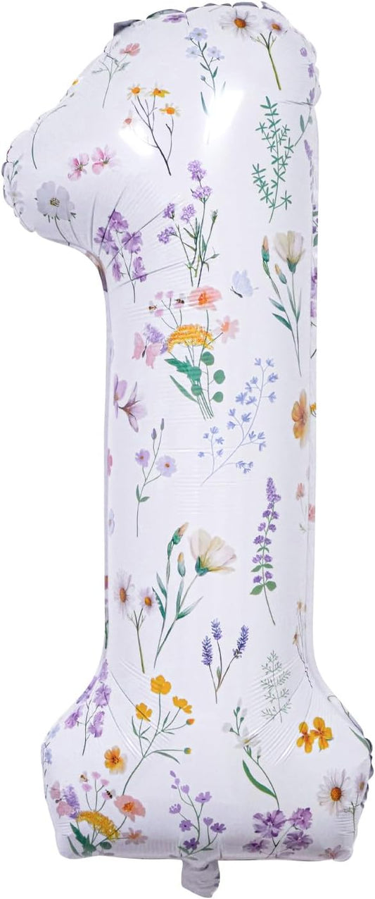 Wildflower Number 1 Balloon, 40 Inch Floral Large Number Balloon for Kids Boys Girls 1st Birthday Party Supplies (Number 1)