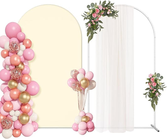 Wedding Arch Backdrop Stand with Arch Cover Spandex,7.3Ft Metal Balloon Arch Stand Frame for Wedding Birthday Party Baby Shower Bridal Banquet Decoration, Beige