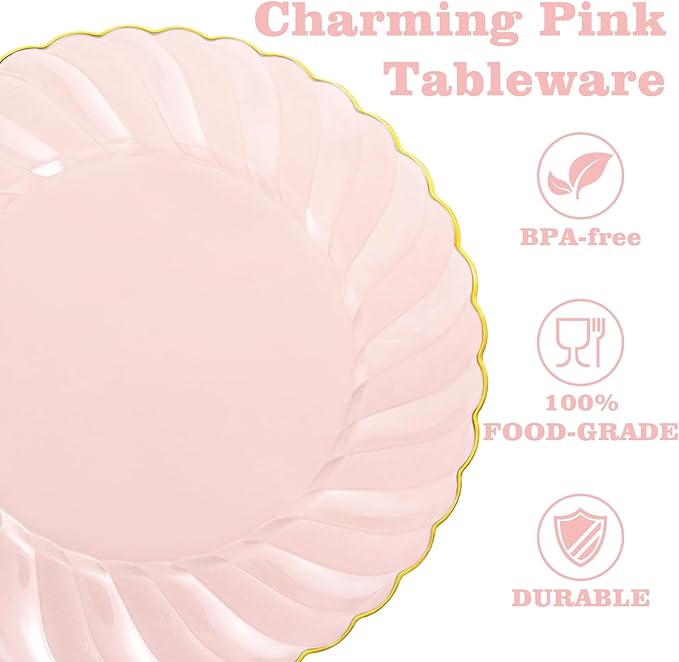 YOUBET 125Pieces Clear Pink Plastic Plates with Gold Rim - Gold Plastic Silverware Include 25 Dinner Plates 25 Dessert Plates 75 Golden Silverwares for Wedding Birthday & Parties Valentines Day