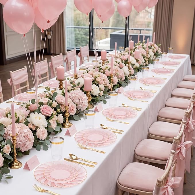 YOUBET 125Pieces Clear Pink Plastic Plates with Gold Rim - Gold Plastic Silverware Include 25 Dinner Plates 25 Dessert Plates 75 Golden Silverwares for Wedding Birthday & Parties Valentines Day