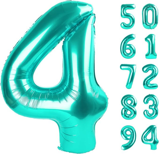Teal Blue 4 Balloon, Number Balloons 40 Inch, 4th Birthday Decorations for Girls Four Large Numbers for Party Decor, Number 4 Balloon