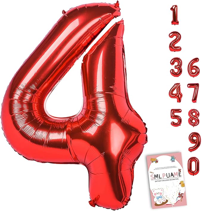 Smlpuame 40 Inch Red Number Balloon 0-9, Large Foil Self-Sealing Number 4 Balloon for Birthday Party, Wedding Anniversary, Celebration Decorations, Helium Digital Balloons Supplies