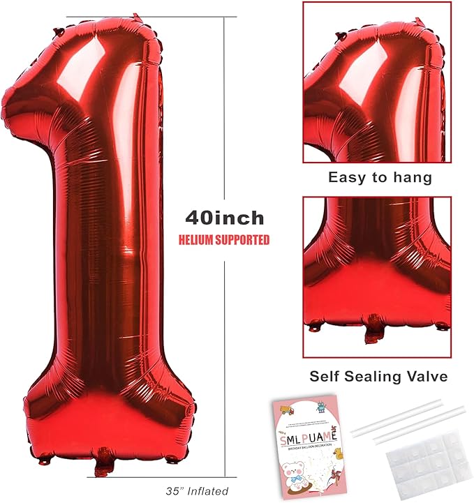 Smlpuame 40 Inch Red Number Balloon 0-9, Large Foil Self-Sealing Number 4 Balloon for Birthday Party, Wedding Anniversary, Celebration Decorations, Helium Digital Balloons Supplies