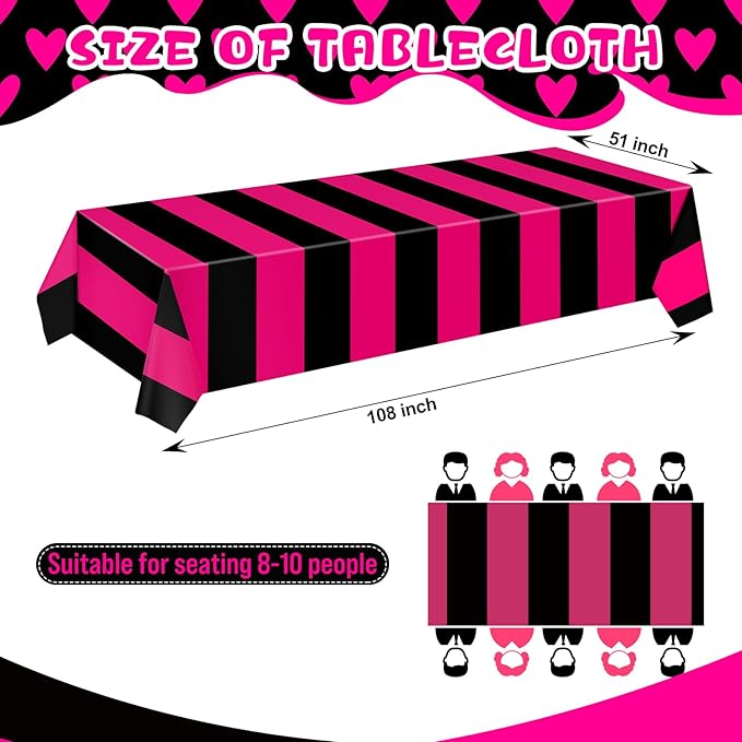 VitalCozy 3 Pcs Disposable Plastic Tablecloth Plastic Table Runner Rectangle Table Covers for Graduation Wedding Birthday Party Decorations 51" x 108" (Hot Pink,Black Stripes)