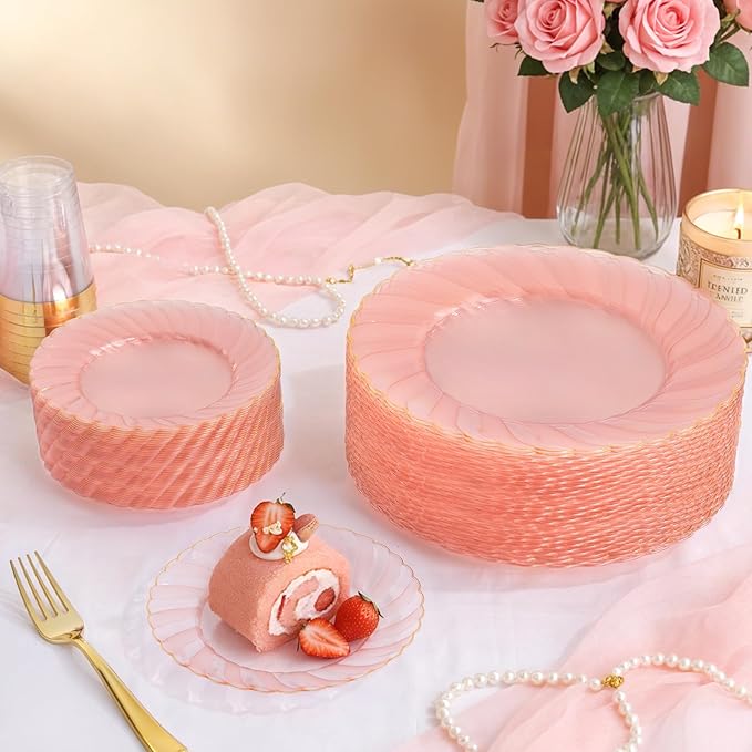 YOUBET 125Pieces Clear Pink Plastic Plates with Gold Rim - Gold Plastic Silverware Include 25 Dinner Plates 25 Dessert Plates 75 Golden Silverwares for Wedding Birthday & Parties Valentines Day