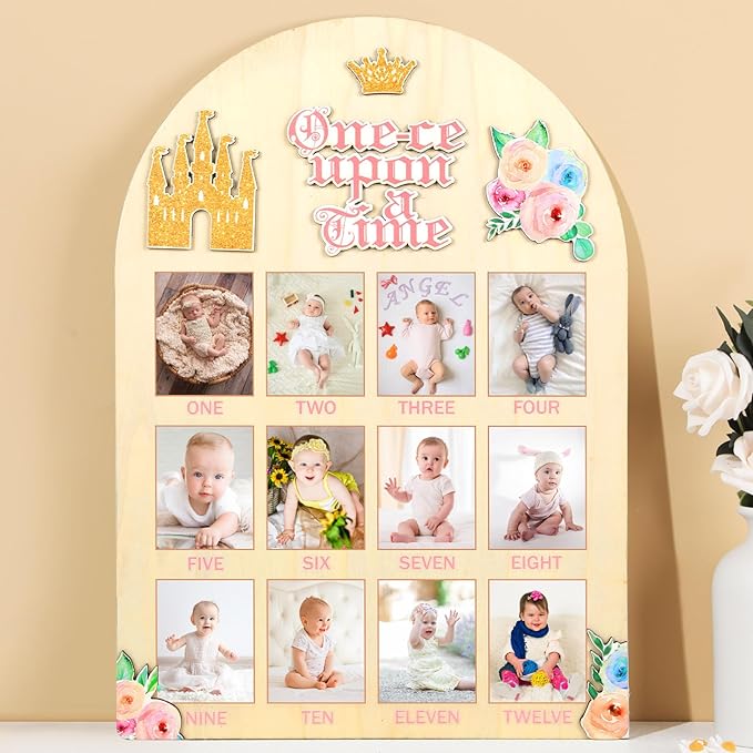 Princess First Year Photo Board Crown Castle 1st Birthday Party Decoration Wooden Board 12 Monthly Milestone Picture Frame One Year Old Wood Sign 1st Birthday Photo Banner for Baby Girl Keepsake Gift