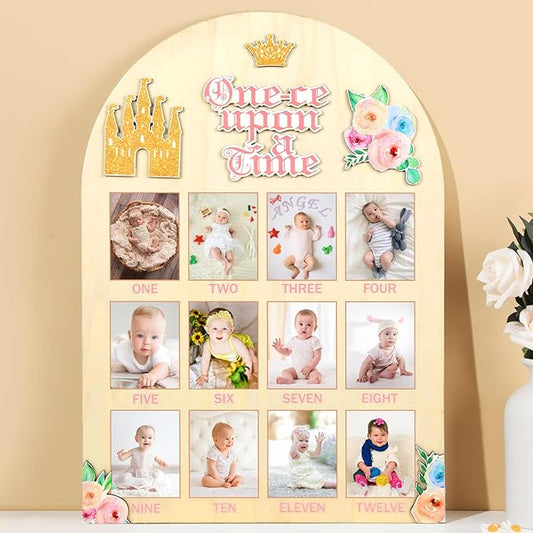 Princess First Year Photo Board Crown Castle 1st Birthday Party Decoration Wooden Board 12 Monthly Milestone Picture Frame One Year Old Wood Sign 1st Birthday Photo Banner for Baby Girl Keepsake Gift