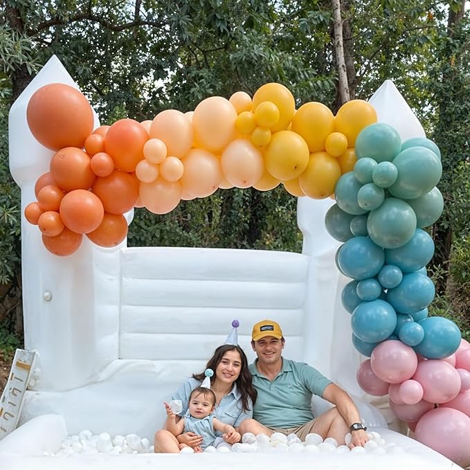 124PCS Rainbow Balloon Arch Kit, Assorted Colorful Balloon Garland with Dusty Slate Blue Retro Orange Balloons, Mustard Yellow Beige Balloons for Baby Shower Boho Groovy Birthday Party Decorations