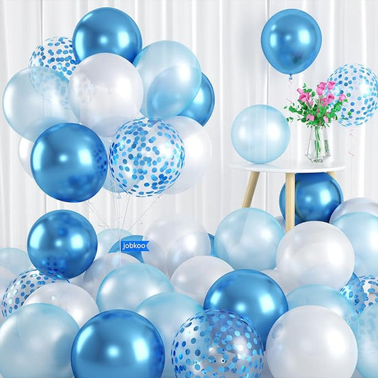 Light Blue and White Balloon Set, 60 PCS With Confetti Metallic Balloons, 12 Inch Pearl Baby Blue for Baby Shower Kids Birthday Party