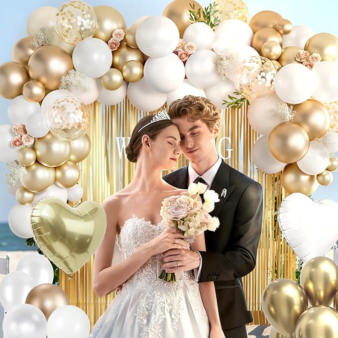157Pcs White and Gold Balloon Garland Arch Kit with Fringe Curtain for Wedding Engagement Anniversary Birthday Graduation Bridal Baby Shower Party Decorations
