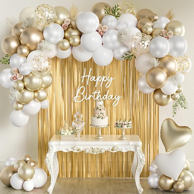 157Pcs White and Gold Balloon Garland Arch Kit with Fringe Curtain for Wedding Engagement Anniversary Birthday Graduation Bridal Baby Shower Party Decorations