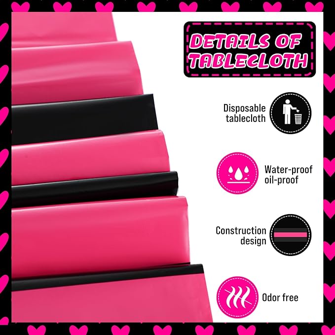 VitalCozy 3 Pcs Disposable Plastic Tablecloth Plastic Table Runner Rectangle Table Covers for Graduation Wedding Birthday Party Decorations 51" x 108" (Hot Pink,Black Stripes)