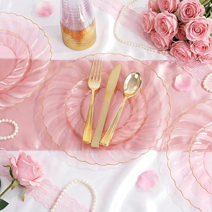 YOUBET 125Pieces Clear Pink Plastic Plates with Gold Rim - Gold Plastic Silverware Include 25 Dinner Plates 25 Dessert Plates 75 Golden Silverwares for Wedding Birthday & Parties Valentines Day