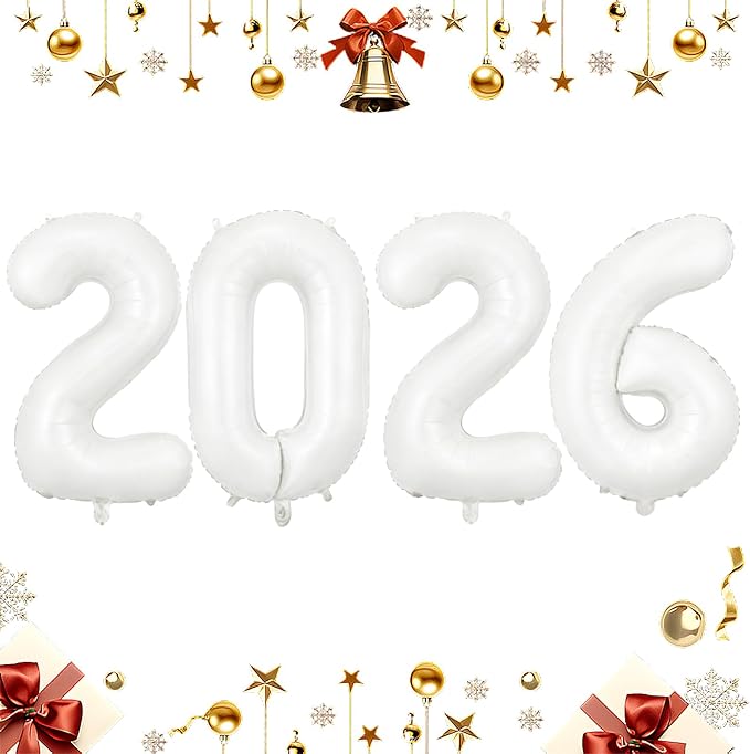 White 2026 Balloons, Jumbo 40 Inch Foil 2026 Number Balloons, Grad Balloons for Class of 2026 Graduation Party, White Matellic Foil New Year Birthday Home Office Party Supplies