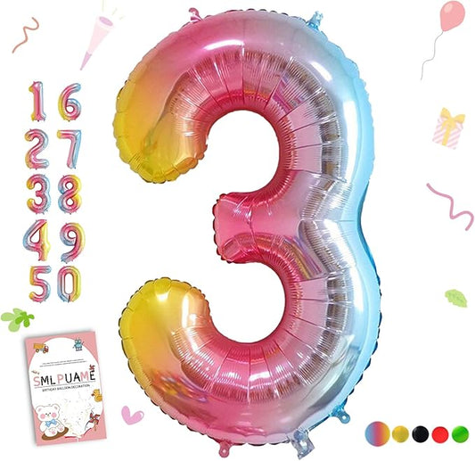 Smlpuame 40 Inch Number Balloons 0-9 Rainbow Gradient Large Number 3 Balloons, Digital Balloons for Birthday Party Celebration Decorations, Helium Foil Number Balloons for Wedding Anniversary