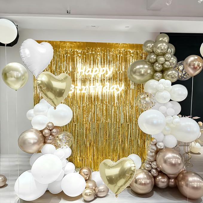 157Pcs White and Gold Balloon Garland Arch Kit with Fringe Curtain for Wedding Engagement Anniversary Birthday Graduation Bridal Baby Shower Party Decorations