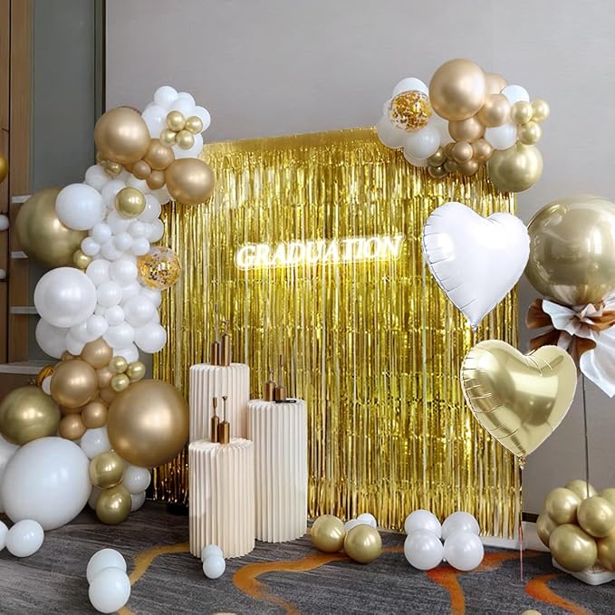 157Pcs White and Gold Balloon Garland Arch Kit with Fringe Curtain for Wedding Engagement Anniversary Birthday Graduation Bridal Baby Shower Party Decorations