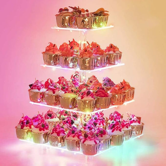 YestBuy 4-Tier Acrylic Cupcake Stand for 50 Cupcakes with Colorful LED Lights and 4.7" Clear Tiers, Perfect for Weddings, Birthdays and Dessert Tables