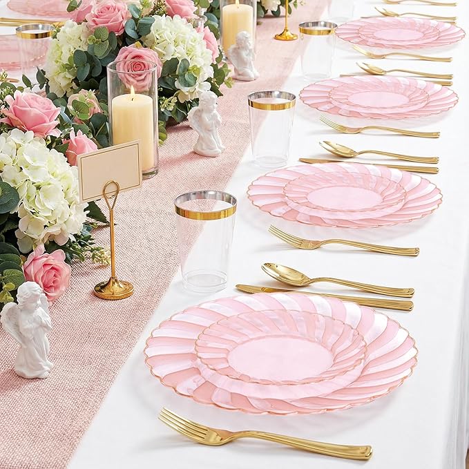 YOUBET 125Pieces Clear Pink Plastic Plates with Gold Rim - Gold Plastic Silverware Include 25 Dinner Plates 25 Dessert Plates 75 Golden Silverwares for Wedding Birthday & Parties Valentines Day