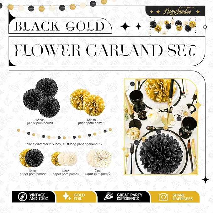 NICROLANDEE Black Gold Party Decorations, 15 PCS Tissue Paper Pom Poms Kit for 2026 New Year Party, Wedding, Birthday, Engagement, Graduation Party Decor, Paper Garland Flower Ball Ceiling Wall Decor