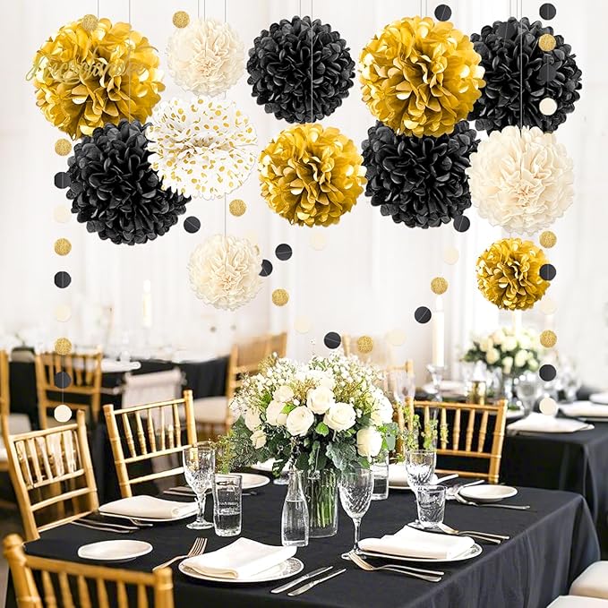 NICROLANDEE Black Gold Party Decorations, 15 PCS Tissue Paper Pom Poms Kit for 2026 New Year Party, Wedding, Birthday, Engagement, Graduation Party Decor, Paper Garland Flower Ball Ceiling Wall Decor