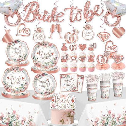 191 Pcs Bridal Shower Decorations Bachelorette Party Set Serves 25 - Rose Gold Bride to Be Banner, Tableware, Tablecloth, Cake Toppers - Wedding Shower Supplies