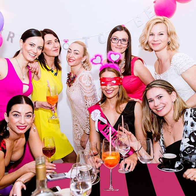 VitalCozy 3 Pcs Disposable Plastic Tablecloth Plastic Table Runner Rectangle Table Covers for Graduation Wedding Birthday Party Decorations 51" x 108" (Hot Pink,Black Stripes)