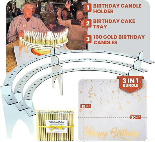 White Birthday Candle Holder, 100 Gold Candles and White & Gold Cake Tray Birthday Bundle Party Decorations - Great for Milestone Birthdays, Restaurant and Home Celebration Events