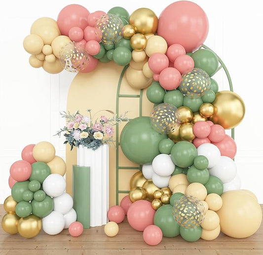 Amandir 153pcs Retro Green Pink Balloon Garland Arch Kit, Different Sizes 18 12 10 5 inch White Dusty Pink Latex Metallic Confetti Balloons for Jungle Safari Birthday Party Baby Shower Decorations