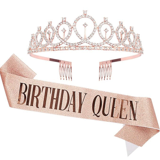 CAVETEE Birthday Crown and Sash for Women - Rose Gold Rhinestone Tiara Set and Sash for Decorations