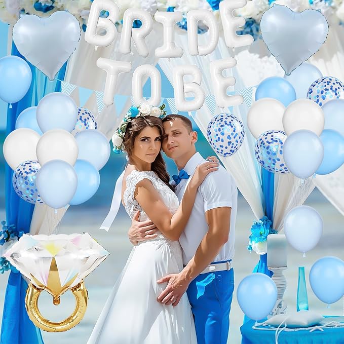 Blue White Bachelorette Party Decorations, White Bride To Be Bridal Shower Balloons Decorations, Blue Confetti Balloons with Diamond Ring Baby Blue Heart Balloons for Bachelorette Engagement Wedding
