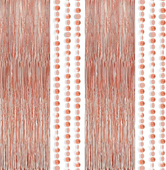 KatchOn, Rose Gold Fringe Curtain - Xtralarge 8x3.25 Feet, Pack of 3 | Rose Gold Backdrop Curtain with Circle Garland, Birthday Decorations, Bachelorette Party Decorations | Bridal Shower Decorations
