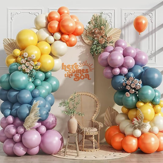 124PCS Rainbow Balloon Arch Kit, Assorted Colorful Balloon Garland with Dusty Slate Blue Retro Orange Balloons, Mustard Yellow Beige Balloons for Baby Shower Boho Groovy Birthday Party Decorations